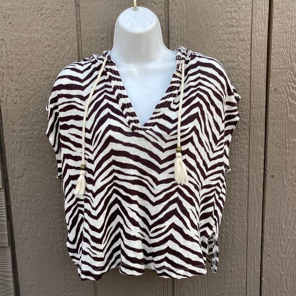 Sigrid Olsen women's size large top Hooded Cap Sleeve cropped 100% Linen Zebra - Picture 1 of 3